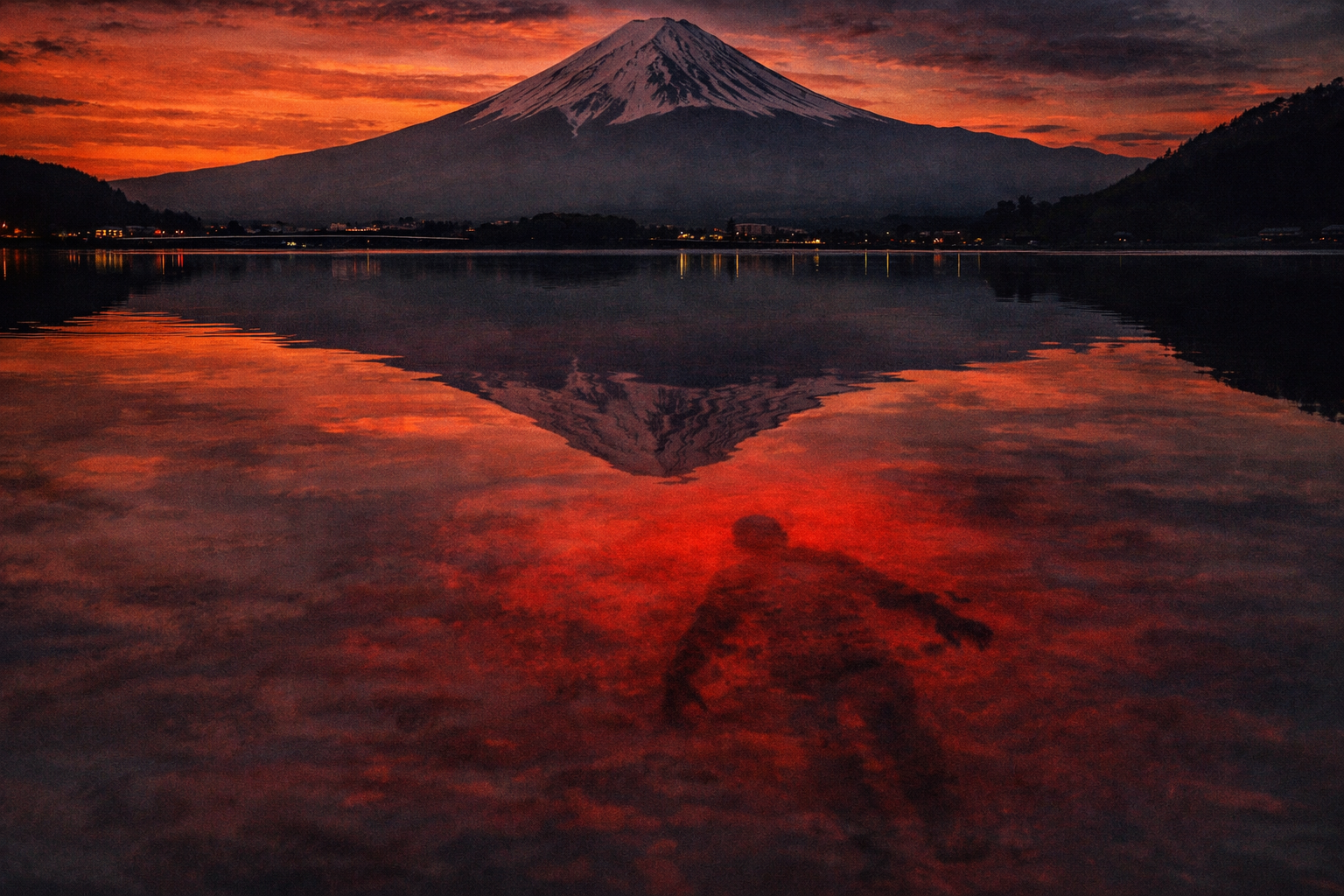 富士山と赤い水面の影