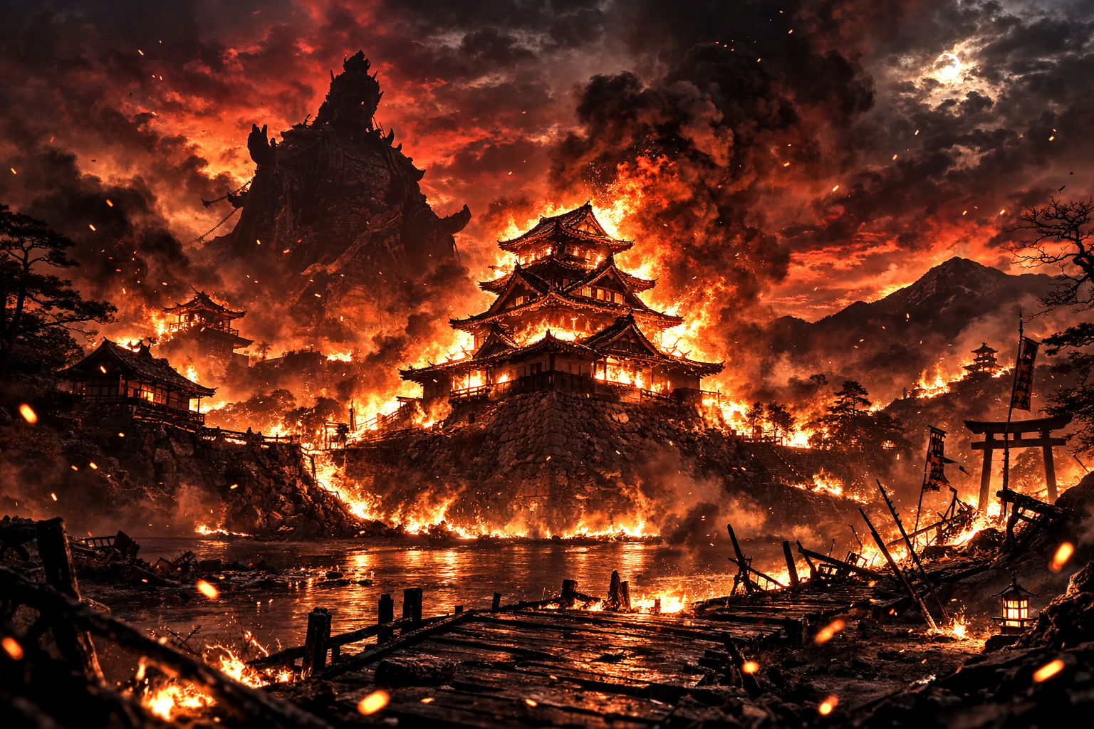 燃える城と守護像の夜景