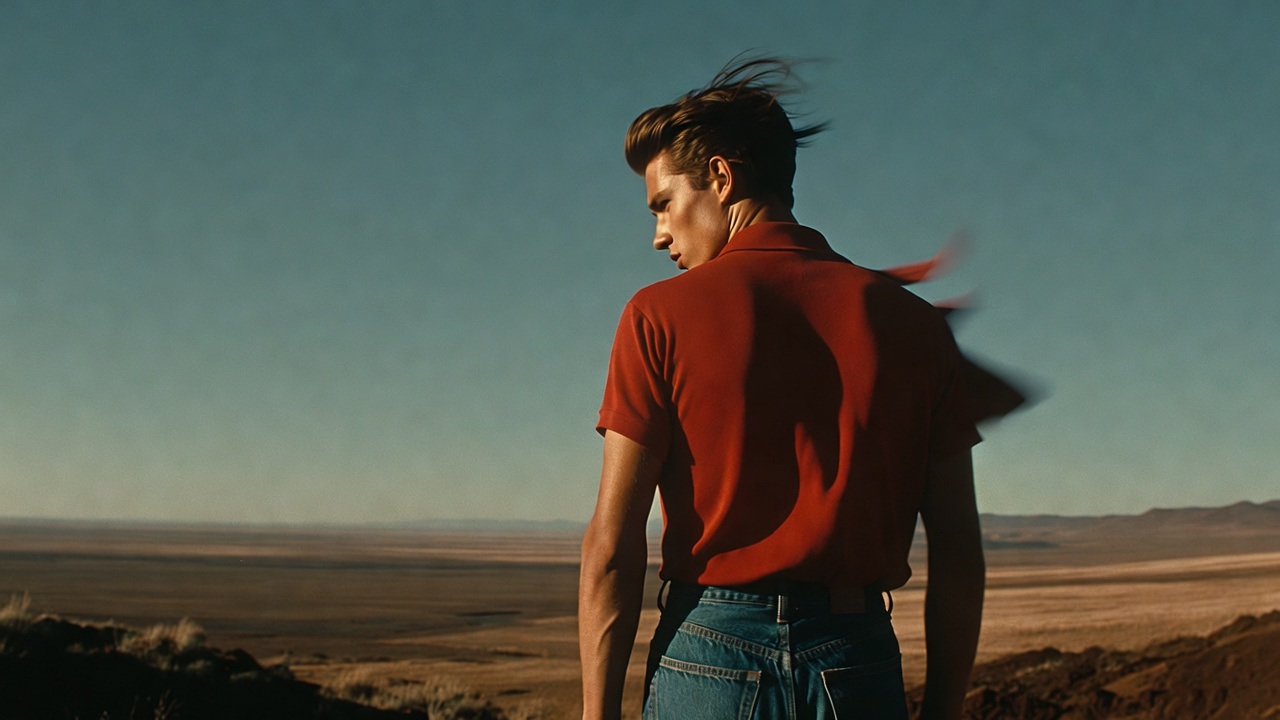 赤いスイングトップを着た若い男性の後ろ姿