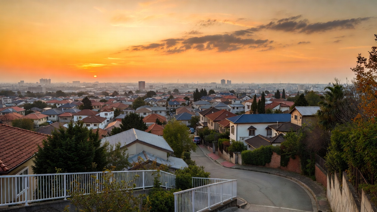 高台の坂道から見下ろす住宅街