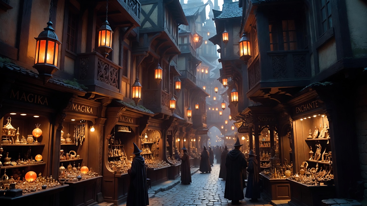 魔法の街の夜の小道