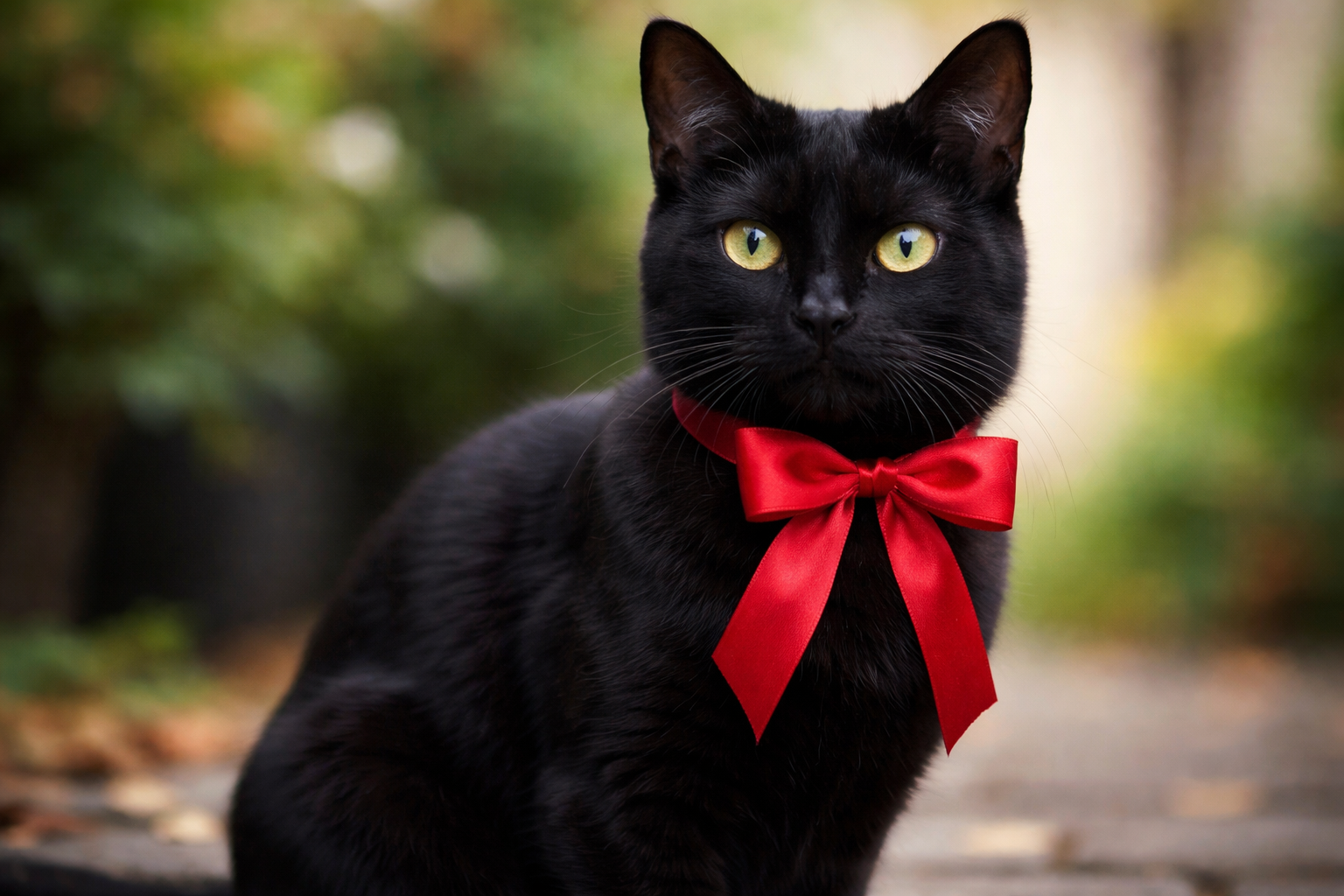 リボンを付けた黒い猫