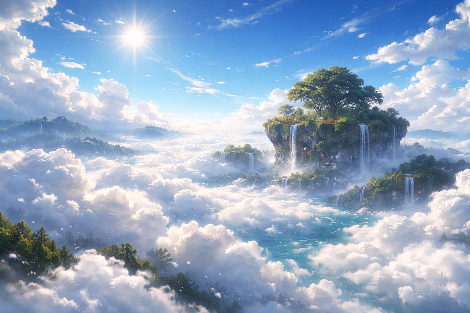 浮遊する島々と滝の楽園