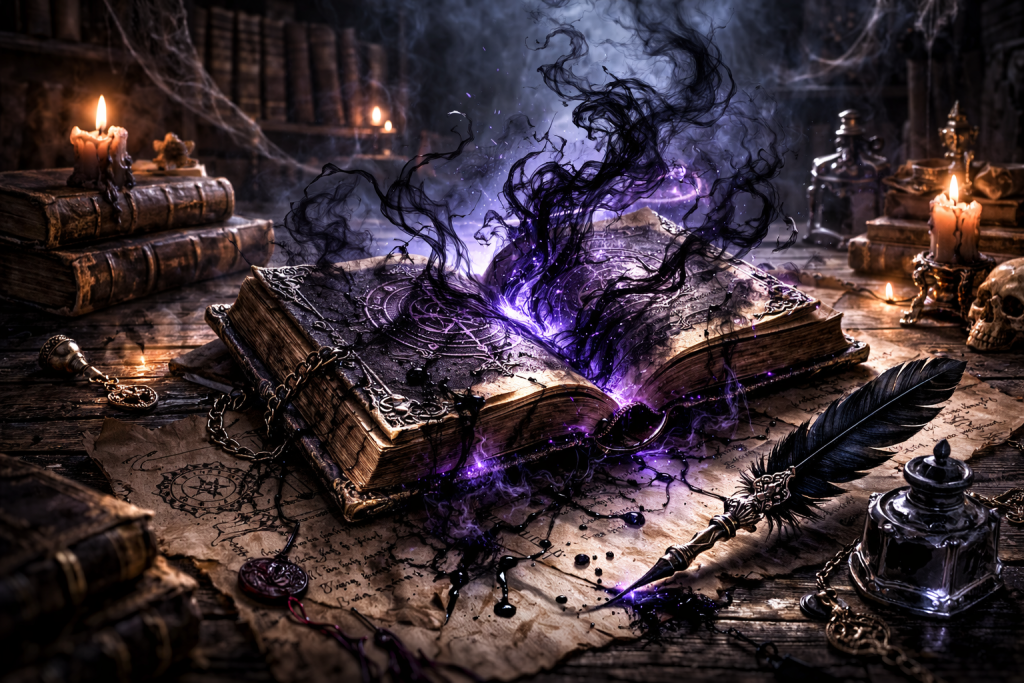 古代の魔術書と黒い煙