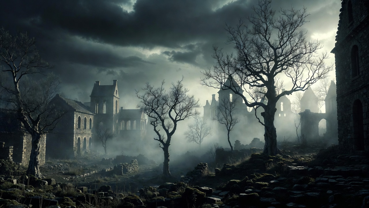 暗雲に覆われた石造りの古い魔法の村