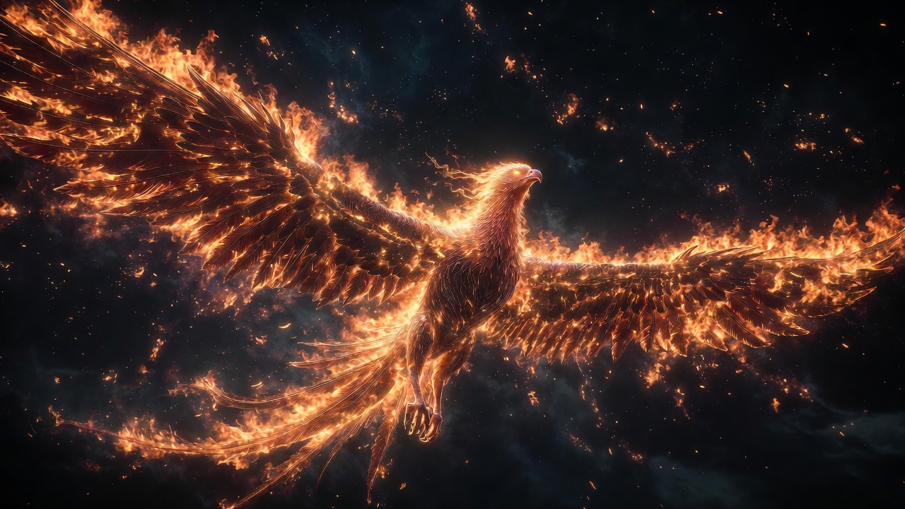 漆黒の夜空に炎をまとった巨大な不死鳥が翼を広げて飛翔