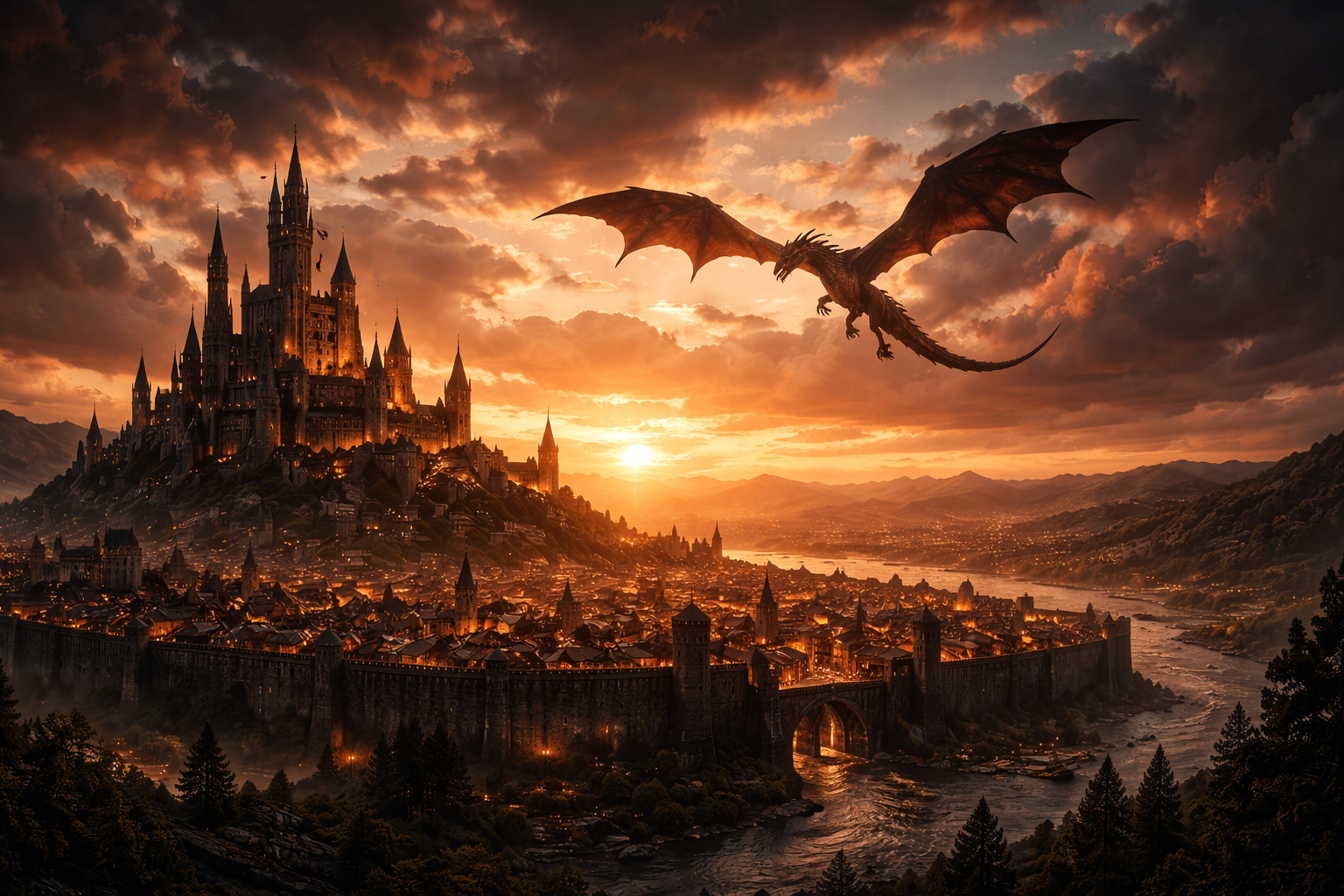 壮大なドラゴンと夕日が照らす城院