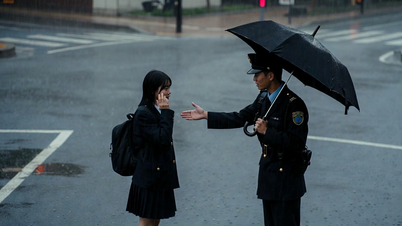 雨の街角で若い警察官が女子高生に傘を差し出す