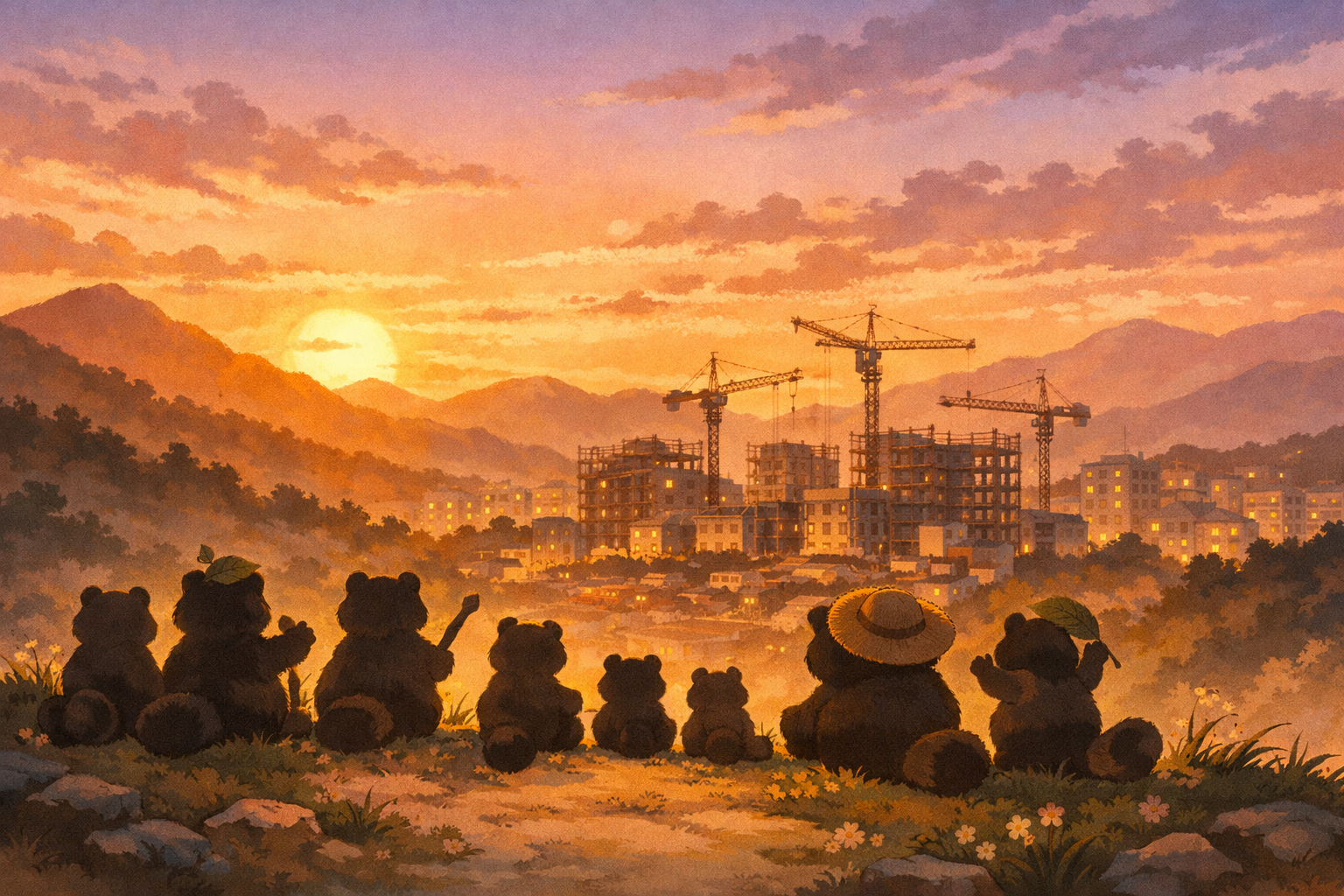 狸たちと夕日と街並み