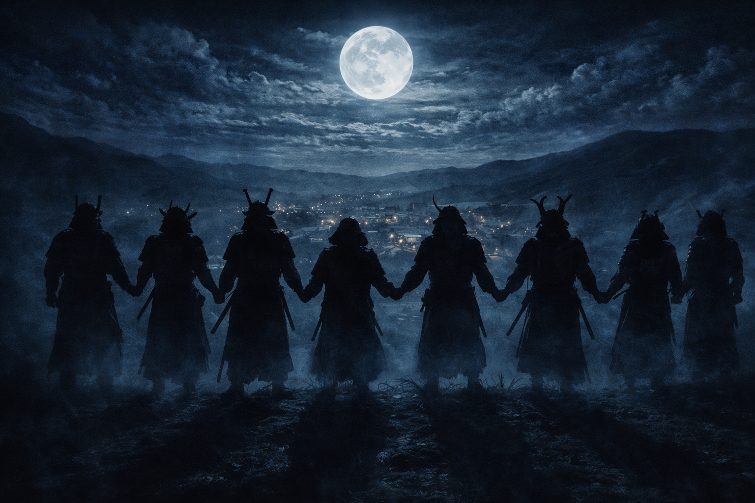 月明かりの下で並ぶ落武者たち