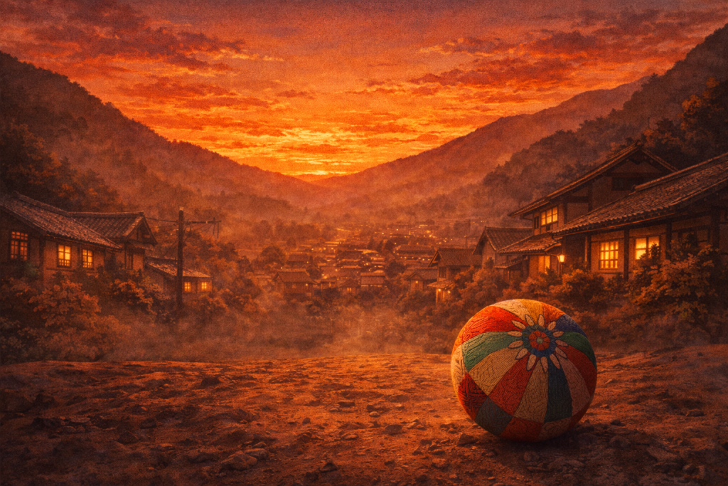 夕暮れの山村と手まり